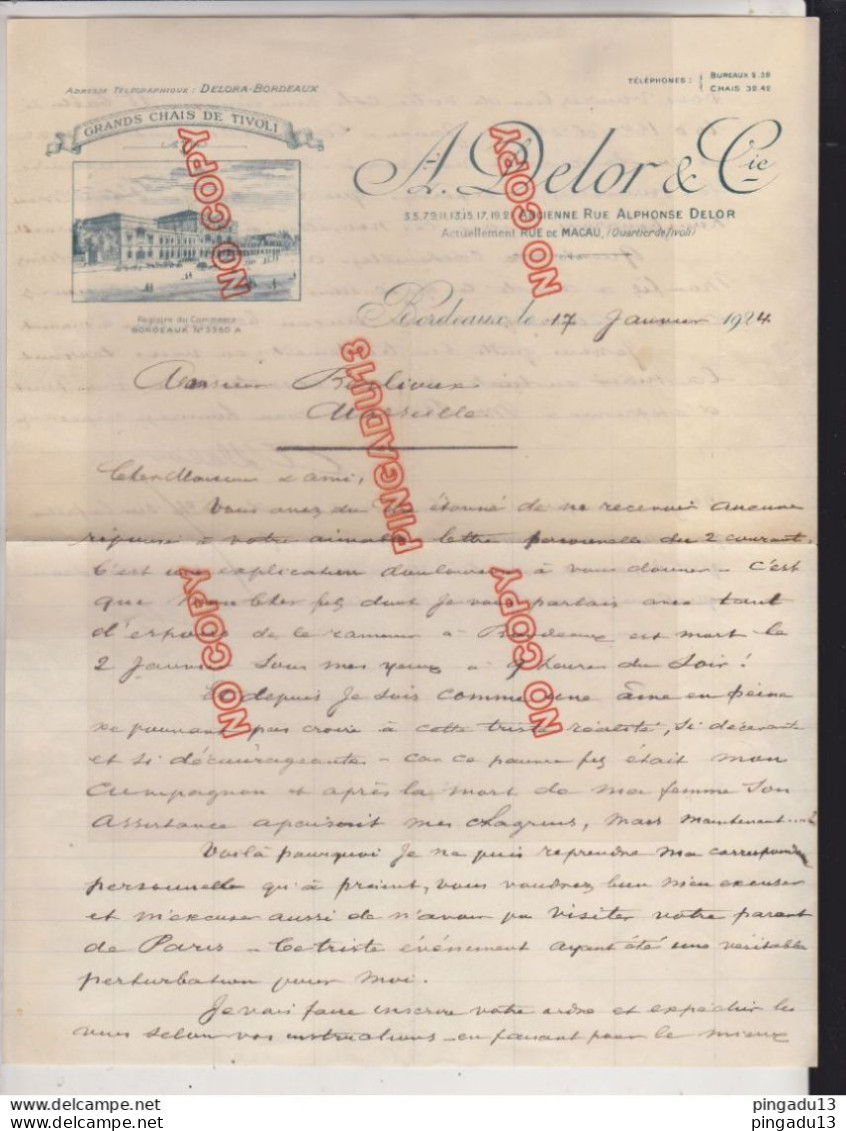 Fixe Lettre Illustrée Vin Alcool Grands Chaix De Tivoli Bordeaux  Maison Delor Et Cie 17 Janvier 1924. - Agricoltura