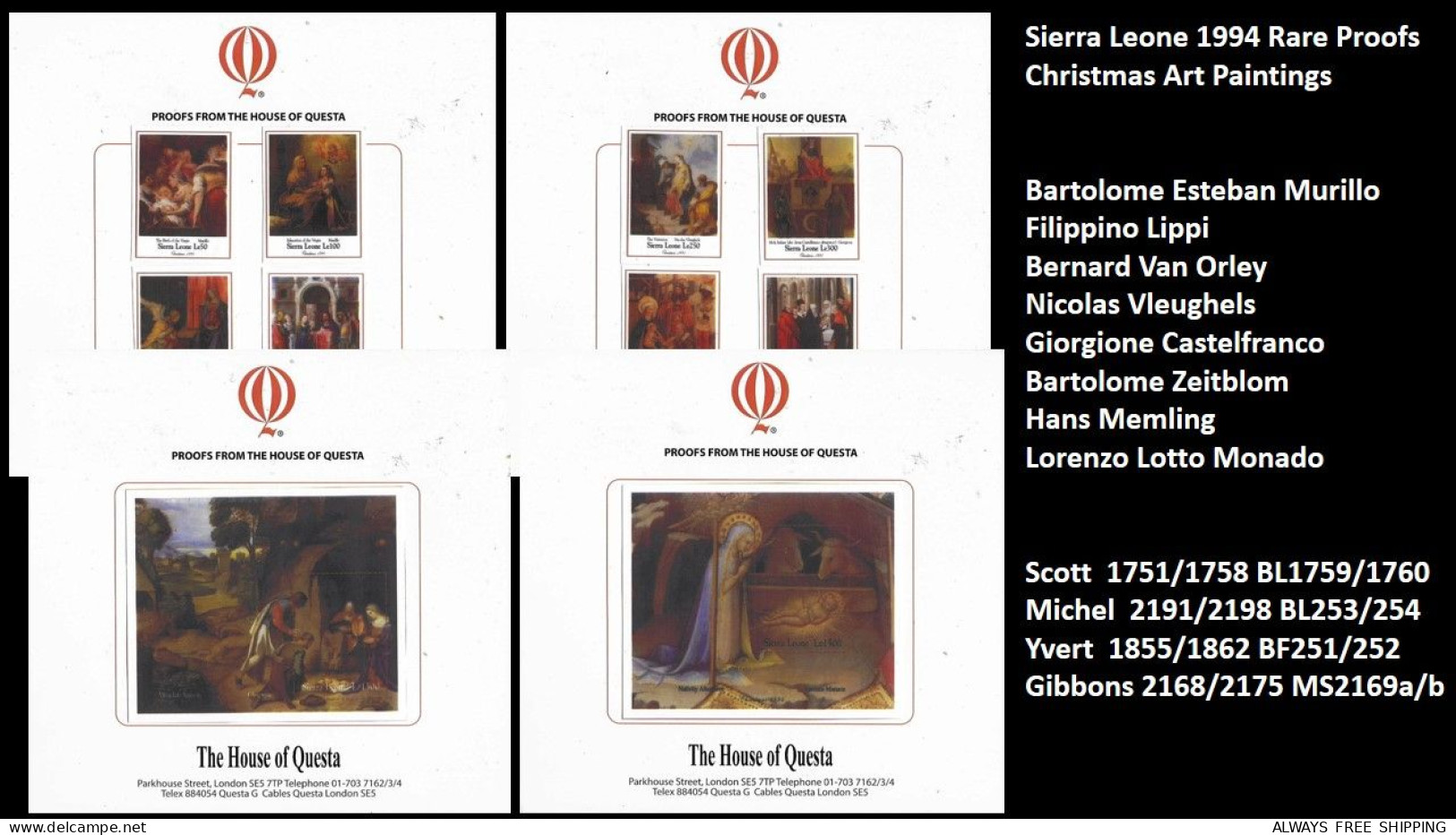 Sierra Leone 1994 Masters Of Arts Paintings Christmas Nativity Religion Rare Imperforated Proofs Essays Trials MNH - Religie