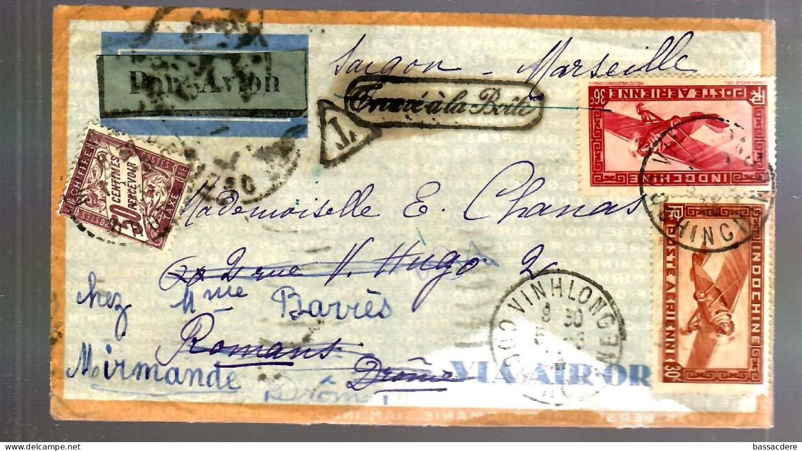 79545 -  VINHLONG  Pour  La  France Avec  Timbre Taxe - Luftpost