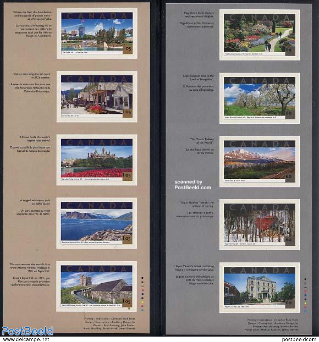 Canada 2001 Tourism 10v S-a (in 2 Booklets), Mint NH, Nature - Transport - Various - Gardens - Trees & Forests - Railw.. - Nuevos