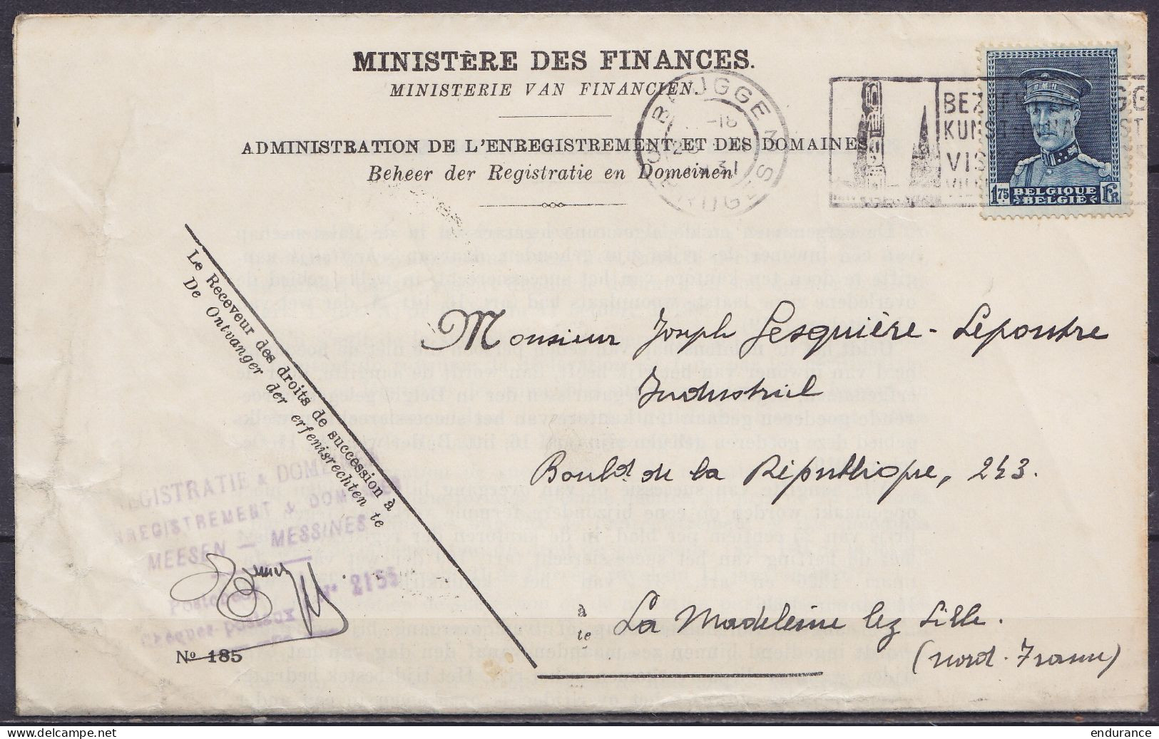 Convocation Ministère Des Finances Affr. N°320 Flam. BRUGGE /28.VI 1931 Pour LA MADELEINE LEZ LILLE - Cachet "ENREGISTRE - 1931-1934 Mütze (Képi)