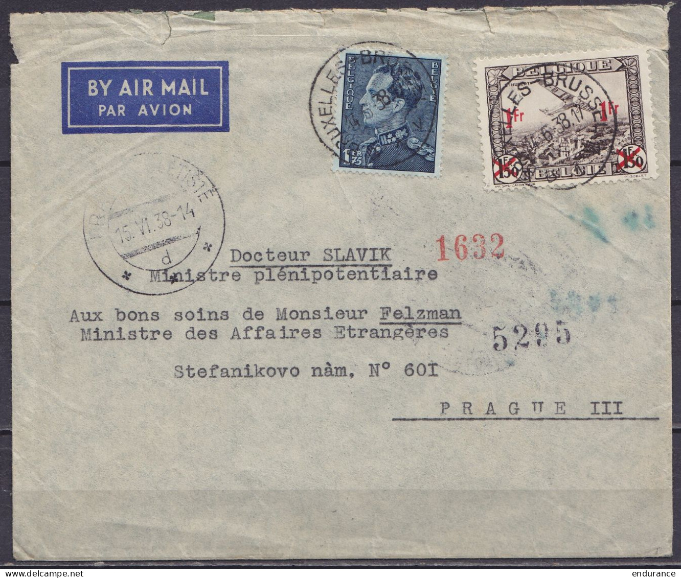L. Par Avion Affr. N°430+PA6 Càd BRUXELLES-BRUSSEL /14-6-1938 Pour Ministre Plénipotentiaire Slavik à PRAGUE - Càpt Arri - Other & Unclassified