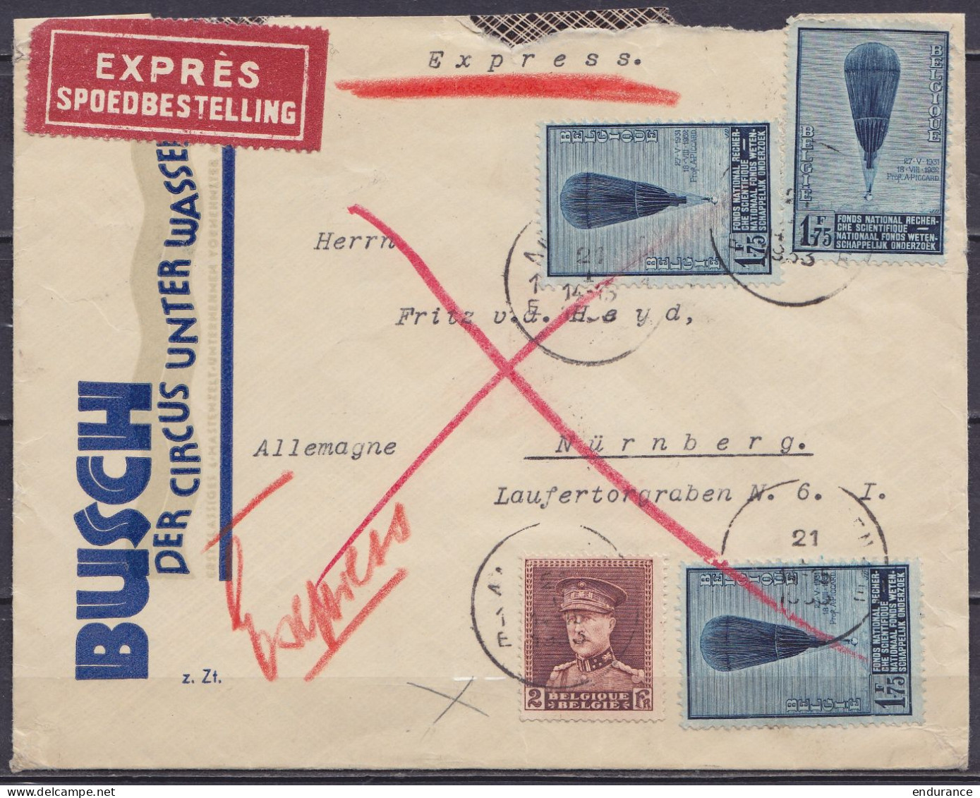 L. "Busch Der Circus Unter Wassen…" En Exprès Affr. 3x N°354 + N°321 Càd ANTWERPEN /21 I 1933 Pour NÜRNBERG (au Dos: Càd - 1936-1951 Poortman