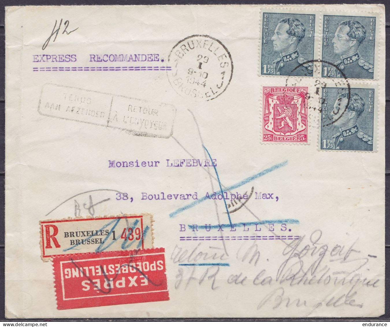 L. Exprès Recommandée Affr. 3x N°430+423 Càd BRUXELLES 1J /29 I 1944 Pour E/V - [RETOUR A L'ENVOYEUR / TERUG AAN AFZENDE - 1936-1951 Poortman