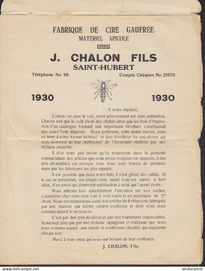 L. Imprimé "Fabrique De Cire Gaufrée - Matériel Apicole J.Chalon Fils" (thème Abeilles) Affr. N°279 Càd ST-HUBERT /15 V  - 1929-1937 Heraldieke Leeuw