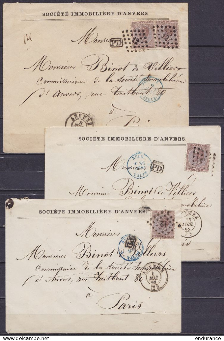 Lot De 7 Lettres Affr. N°19, 30, 31 & 33 Càd ANVERS & BRUXELLES Entre 1868 Et 1872 Pour PARIS - Voir Scans - 1869-1883 Léopold II