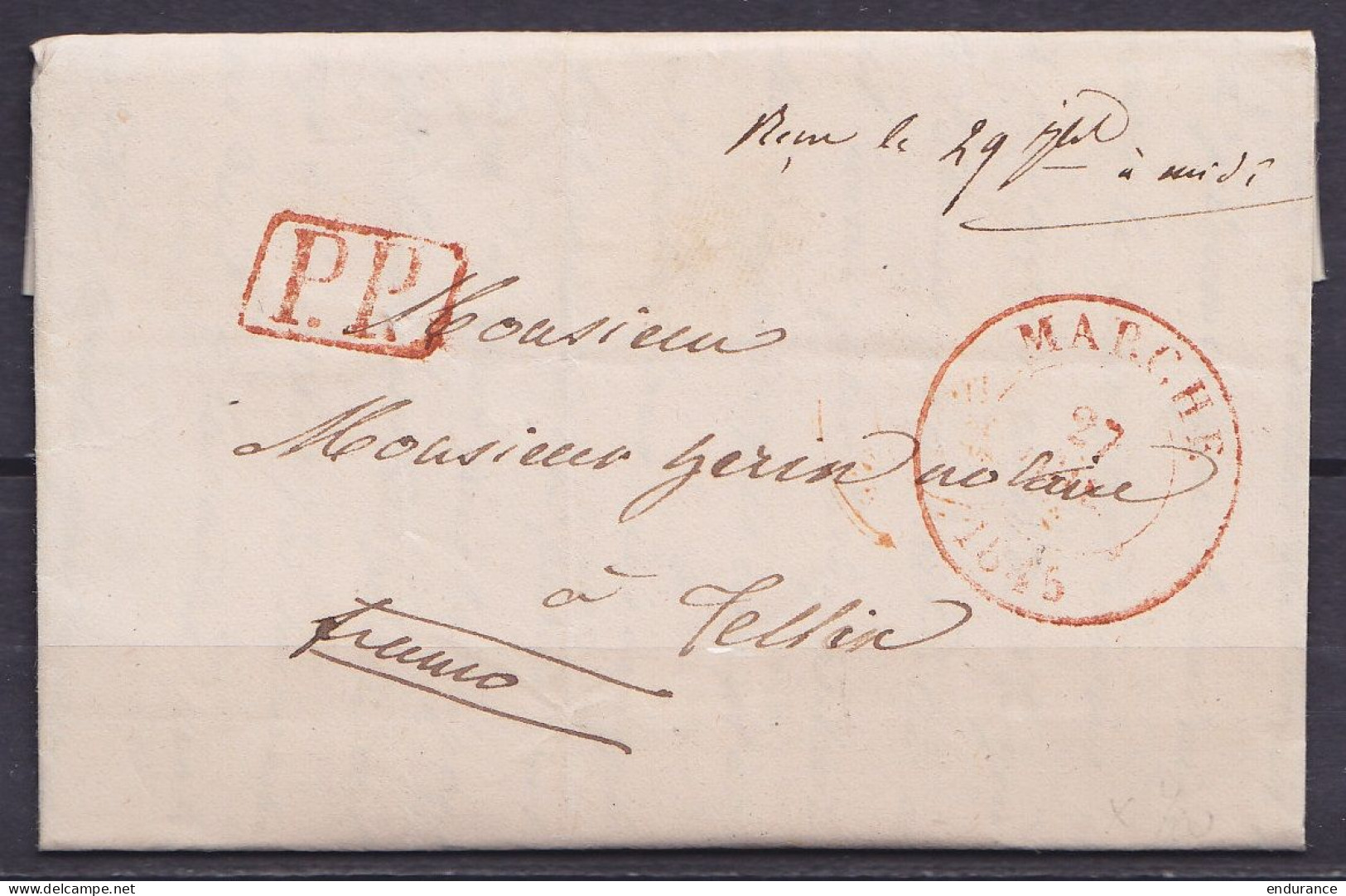 L. Càd MARCHE /27 JUIL 1849 Pour TELLIN - [P.P.] (au Dos: Càd ST-HUBERT & T18 WELLIN/ 29/VII) - 1830-1849 (Belgique Indépendante)