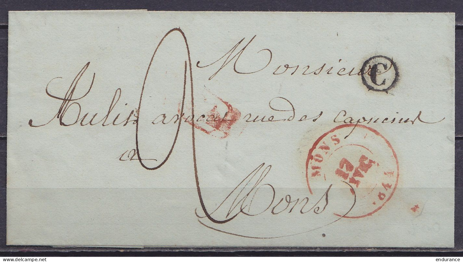 LSC (sans Contenu) Càd MONS /17 FEV 1841 Pour E/V - Boîte Rurale "C" - Port "2" (au Dos: Càd Arrivée MONS) - 1830-1849 (Onafhankelijk België)