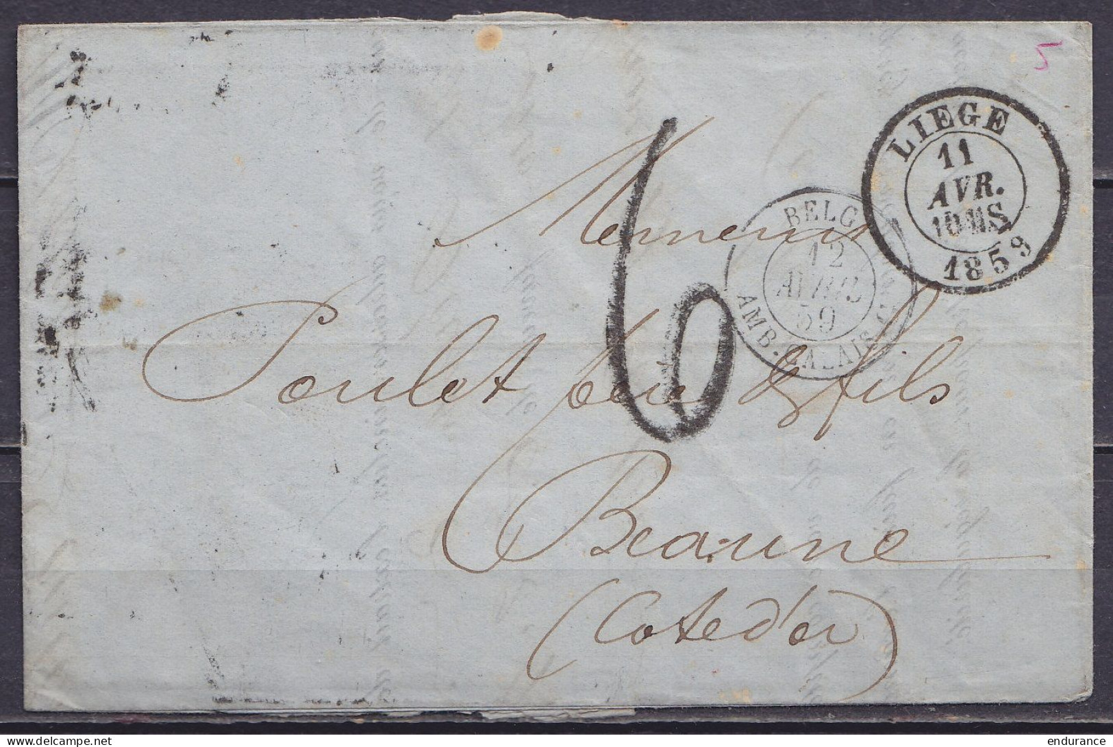 L. Datée 11 Avril 1859 De LIEGE Càd LIEGE /11 AVR. 1859 Pour BEAUNE Côte D'Or - Càd "BELG. / AMB.CALAIS.C" - Port "6" Au - 1858-1862 Médaillons (9/12)