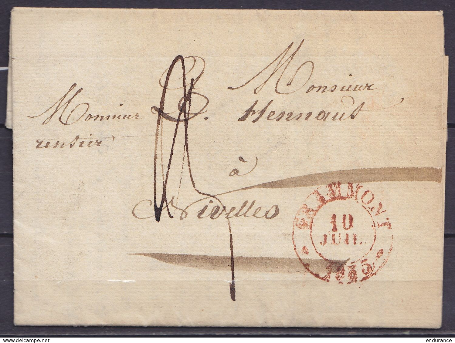 L. Datée 10 Juillet 1835 De NEDER BRACKEL Càd GRAMMONT /10 JUIL 1835 Pour NIVELLES - Port "3" (au Dos: Càd Arrivée NIVEL - 1830-1849 (Independent Belgium)