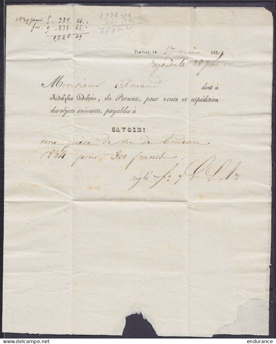 L. (facture/note D'envoi) Datée 27 Mai 1839 De PERWEZ Pour DINANT - Man. "avec Une Pièce De Vin / N°0" - Voir Scans - 1830-1849 (Independent Belgium)