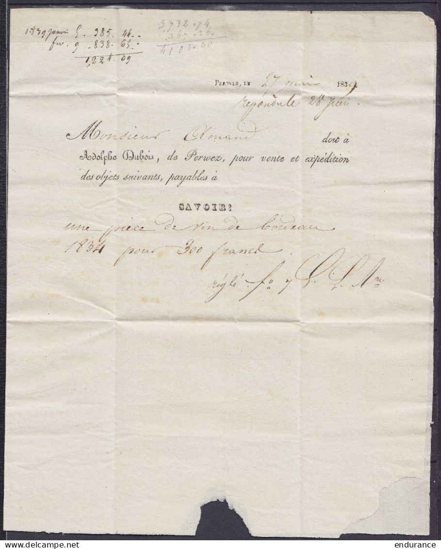 L. (facture/note D'envoi) Datée 27 Mai 1839 De PERWEZ Pour DINANT - Man. "avec Une Pièce De Vin / N°0" - Voir Scans - 1830-1849 (Unabhängiges Belgien)