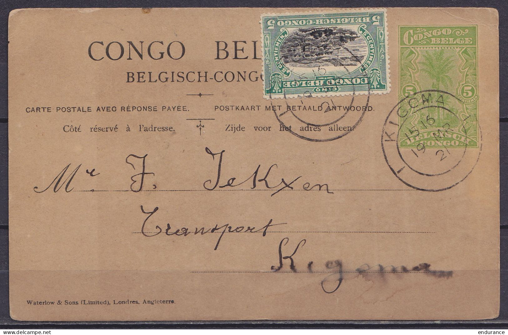Congo Belge - EP CP 5c Vert + N°64 Càd KIGOMA /19 MR 1921 Pour E/V - Cartas & Documentos