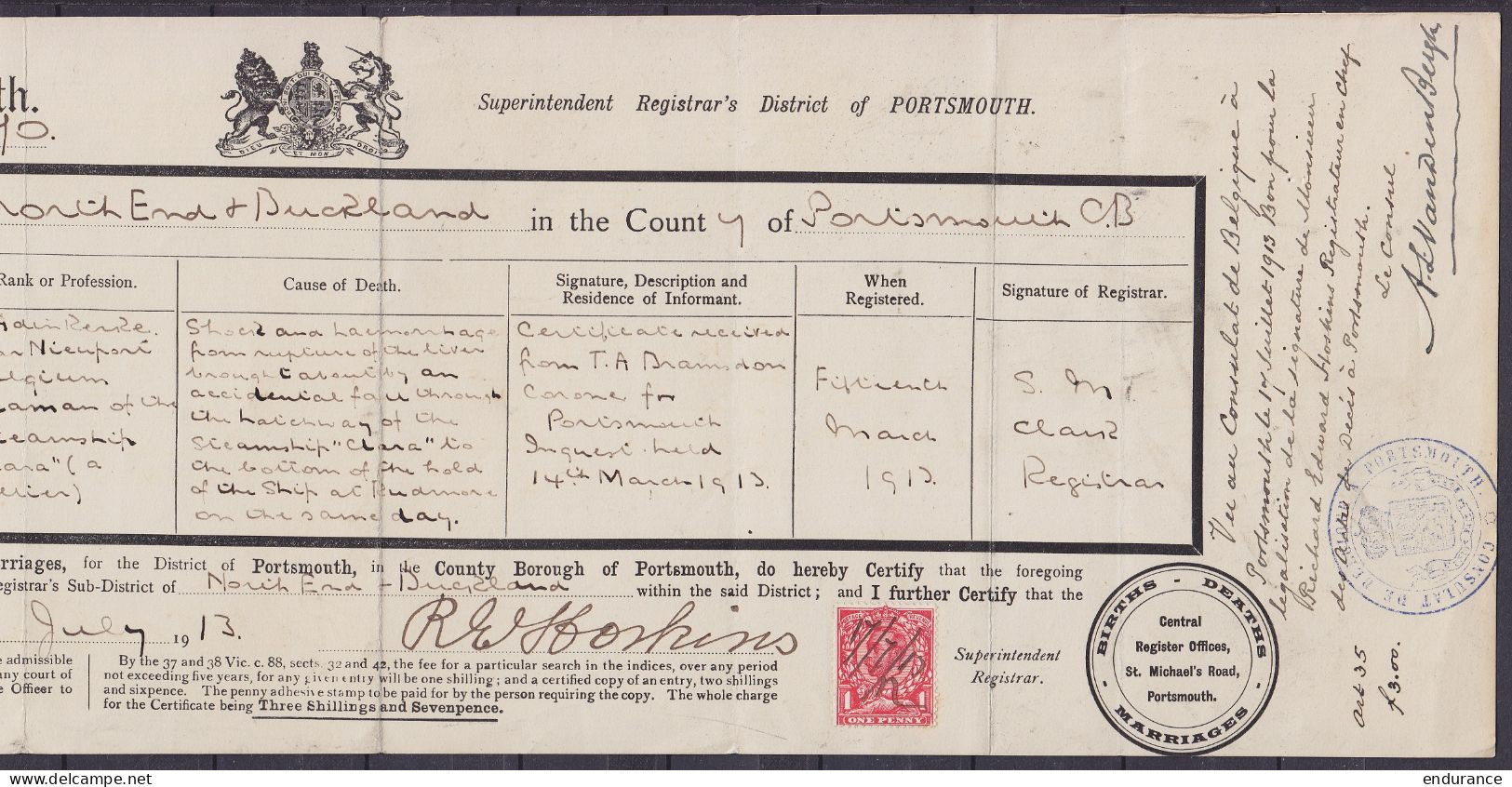 Certificat De Décès (Certificate Of Death) Affr. 1d Rouge Annulé Et Daté à La Plume 17/7/1913 District Of North End & Bu - Lettres & Documents