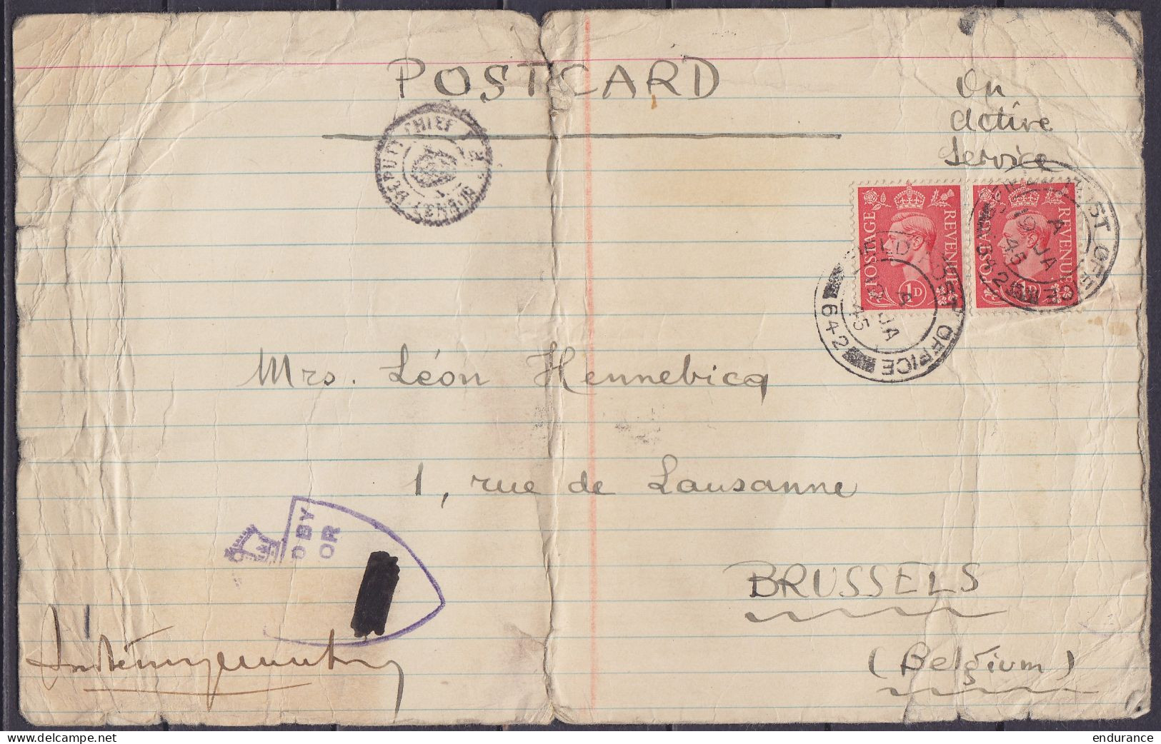 CP Postcard Artisanale O.A.S. Affr. 2x 1d Càd "FIELD POST OFFICE 642 /19 JA 1945" D'un Militaire Belge Détaché Aux Trans - Oorlog 40-45 (Brieven En Documenten)