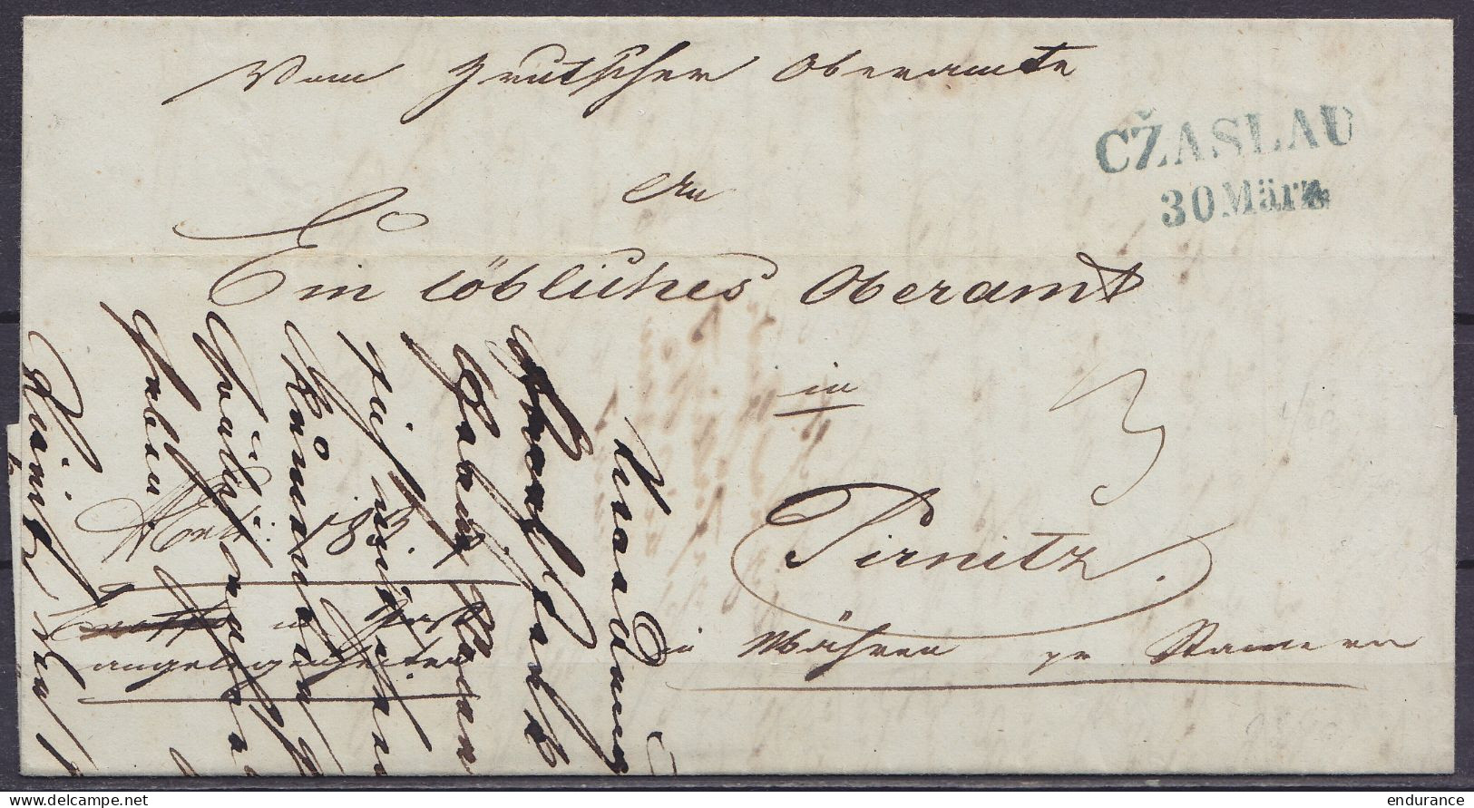 L. Datée 28 Mars 1849 De Čáslav (Bohême) - Cachet Date "CZASLAU /30 März" Pour PIRNITZ (Brtnice) - Port "3" (au Dos: Cac - Covers & Documents