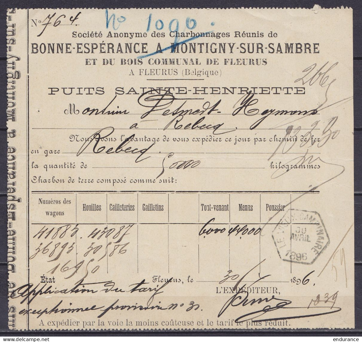 Lettre De Voiture "Charbonnages Réunis De Bonne-Espérance Montignies-sur-Sambre" Càd Hexagon. "LE VIEUX CAMPINAIRE /30 A - Andere & Zonder Classificatie