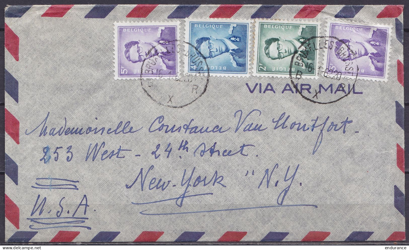 L. Par Avion Affr. 2x N°1029 + N°1066+926 Càd BRUXELLES-BRUSSEL X /16.1.1962 Pour NEW YORK USA - 1953-1972 Lunettes