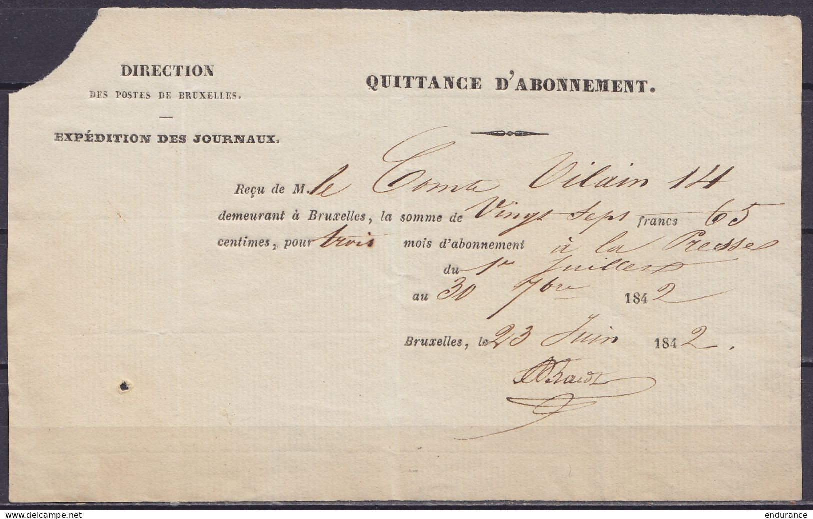 Direction Des Postes De Bruxelles - Quittance D'abonnement (expédition Des Journaux) Daté 23 Juin 1842 De BRUXELLES - 1830-1849 (Belgique Indépendante)