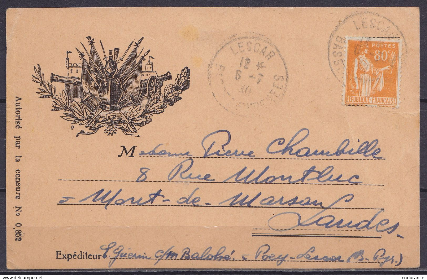 CP Patriotique Affr. N°366 Càd LESCAR /6-7-1940 Pour MONT-DE-MARSAN (concerne Les Réfugiés Belges) - 1932-39 Paix