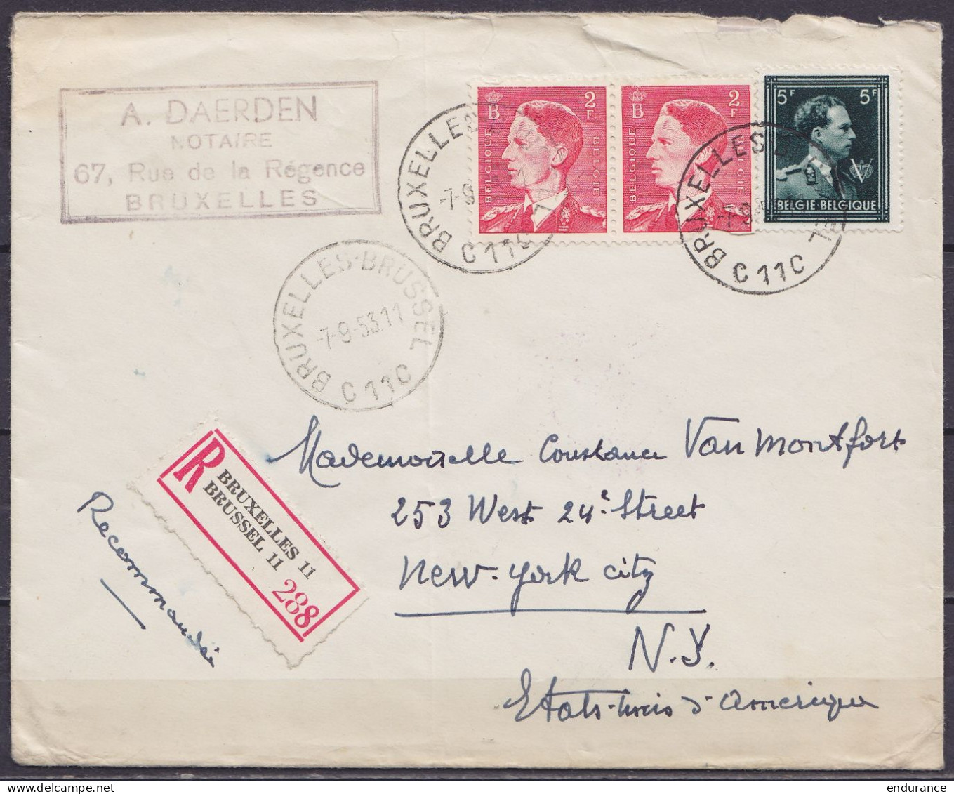 L. Recommandée Affr. N°696+ 2xN°910 Càd ANDERLECHT 11C /-7-9-1953 Pour NEW YORK (au Dos: Càd Arrivée NEW YORK N.Y. / OLD - Brieven En Documenten