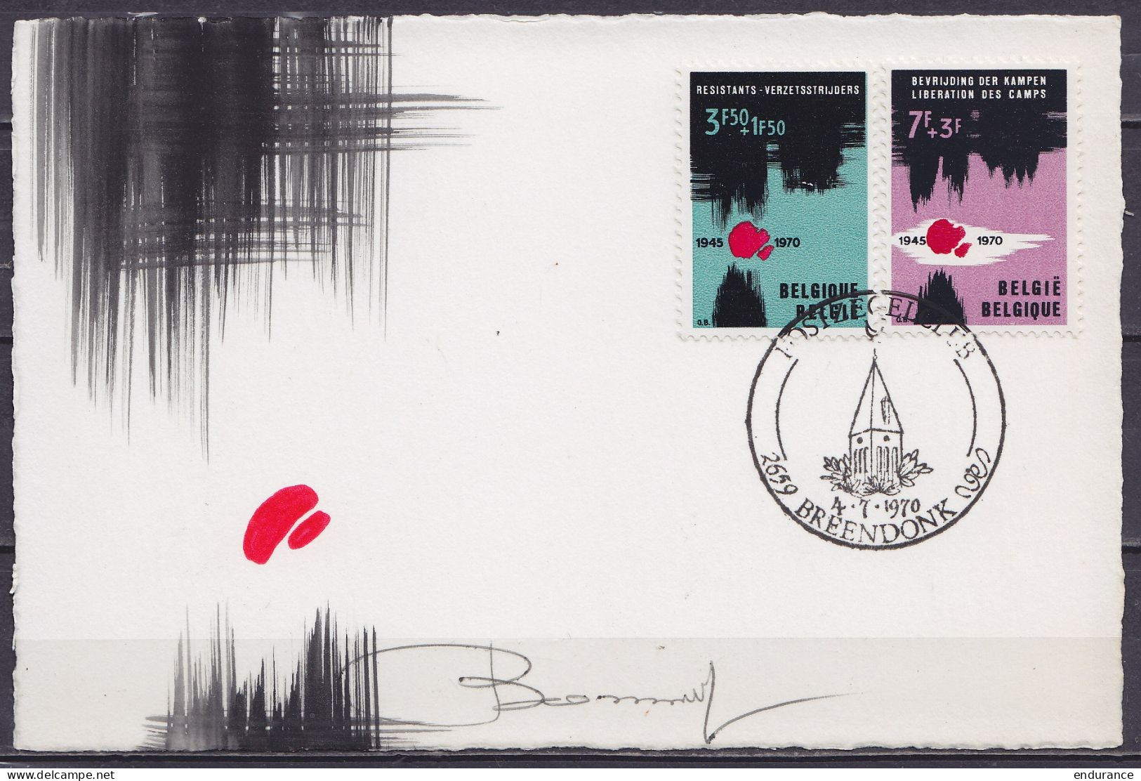 Carte-maximum CM N°1539/40 - 25e An. Libération Des Camps - Signature Oscar Bonnevalle - Oblit. BREENDONCK /4-7-1970 - 1961-1970