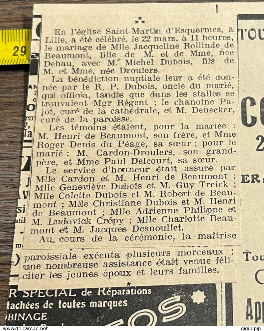 1930 GHI13 MARIAGE DE Jacqueline Rollinde De Beaumont AVEC Michel DUBOIS église Saint-Martin D'Esquermes - Collections