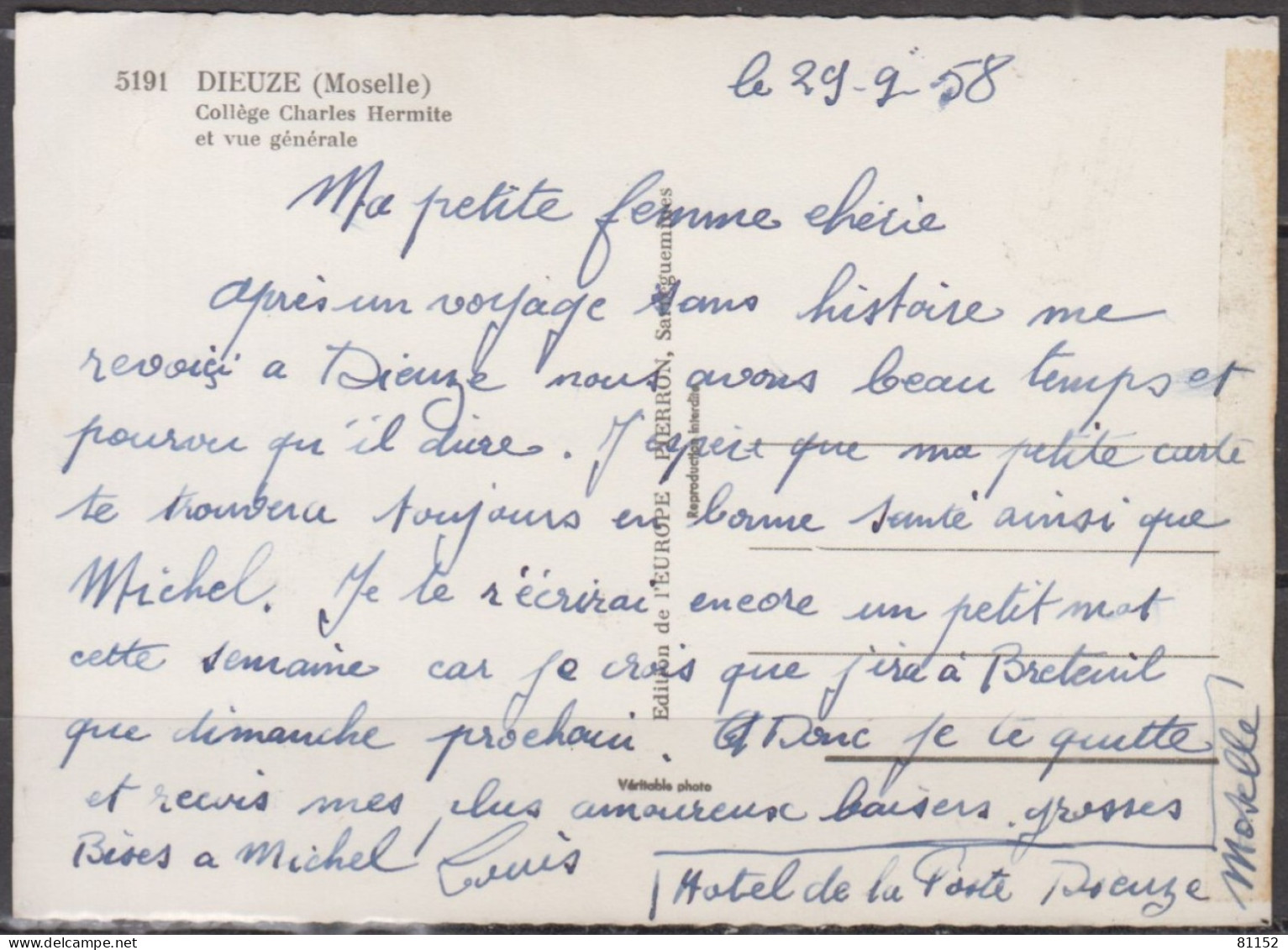 CPSM  De 57  DIEUZE   " Vue Générale Et Collège Charles Hermite  "  Le 29  9 1958 Coupée Sur 2 Cotés - Dieuze