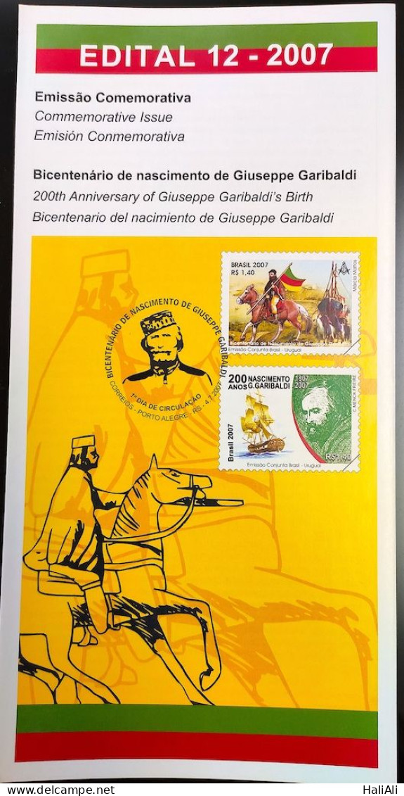 Brochure Brazil Edital 2007 12 Giuseppe Garibaldi Italia Horse Military Ship Without Stamp - Cartas & Documentos
