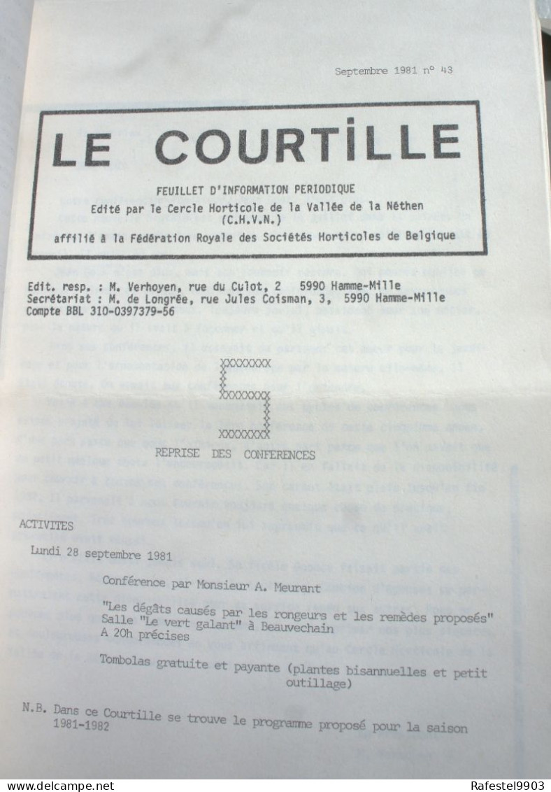 Bulletin Horticole LE COURTILLE n°1-84 Vallée Néthen BEAUVECHAIN Hamme Mille Brabant Wallon Horticulture