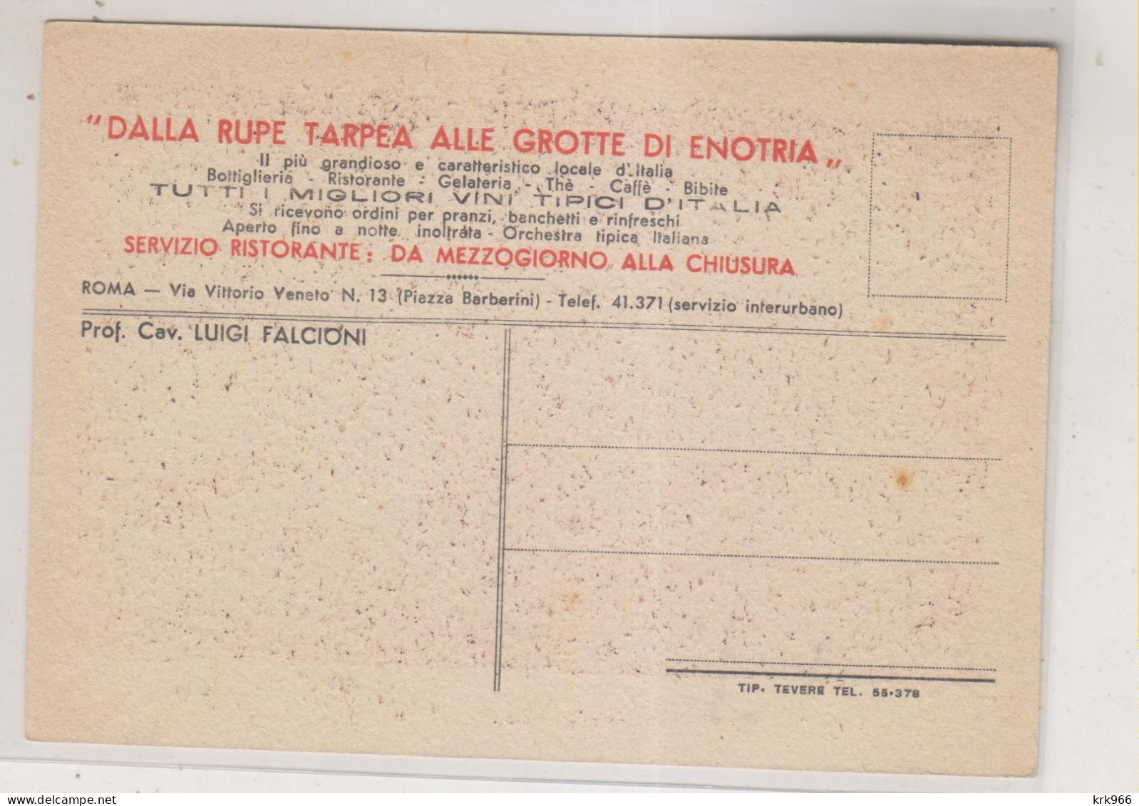 ITALY ROMA  DALLA RUPE TARPEA ALLA GROTTE DI ENTORIA Nice Postcard VF - Bar, Alberghi & Ristoranti