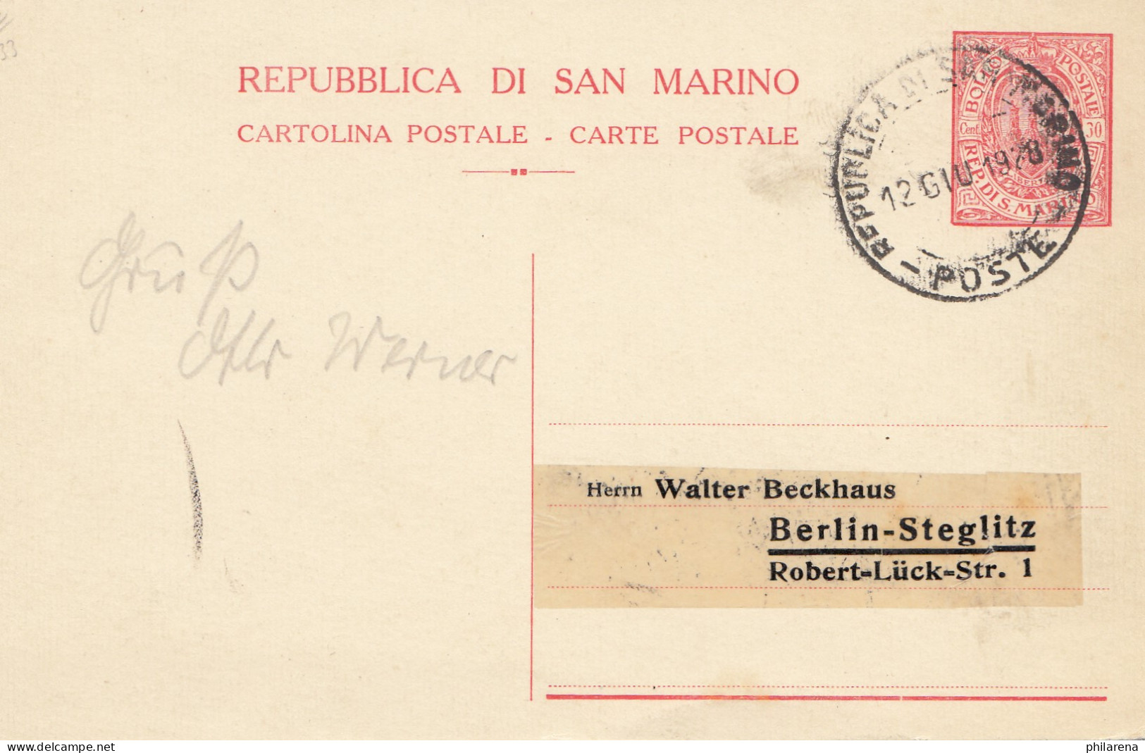 San Marino: 1928: Ganzsache Nach Berlin - Other & Unclassified