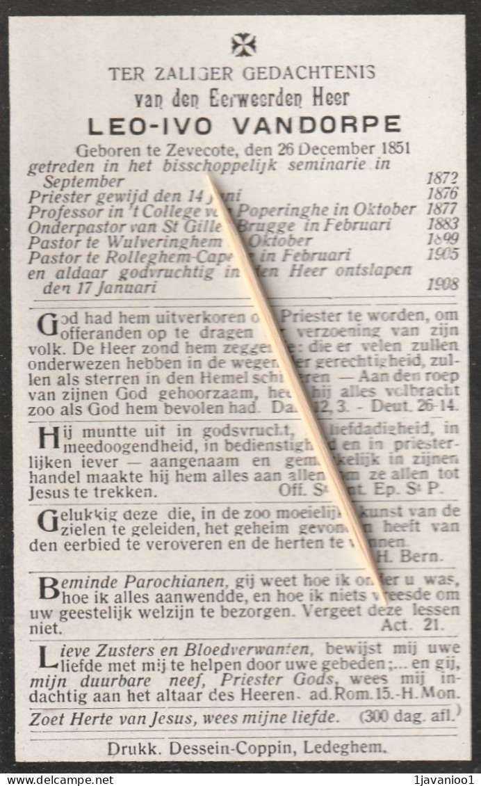 Priester, Prêtre, Abbé,Leo Vandorpe, Zevecote, Poperinge, Brugge, Wulveringem, Rollegem-Kapelle, 1908 - Godsdienst & Esoterisme