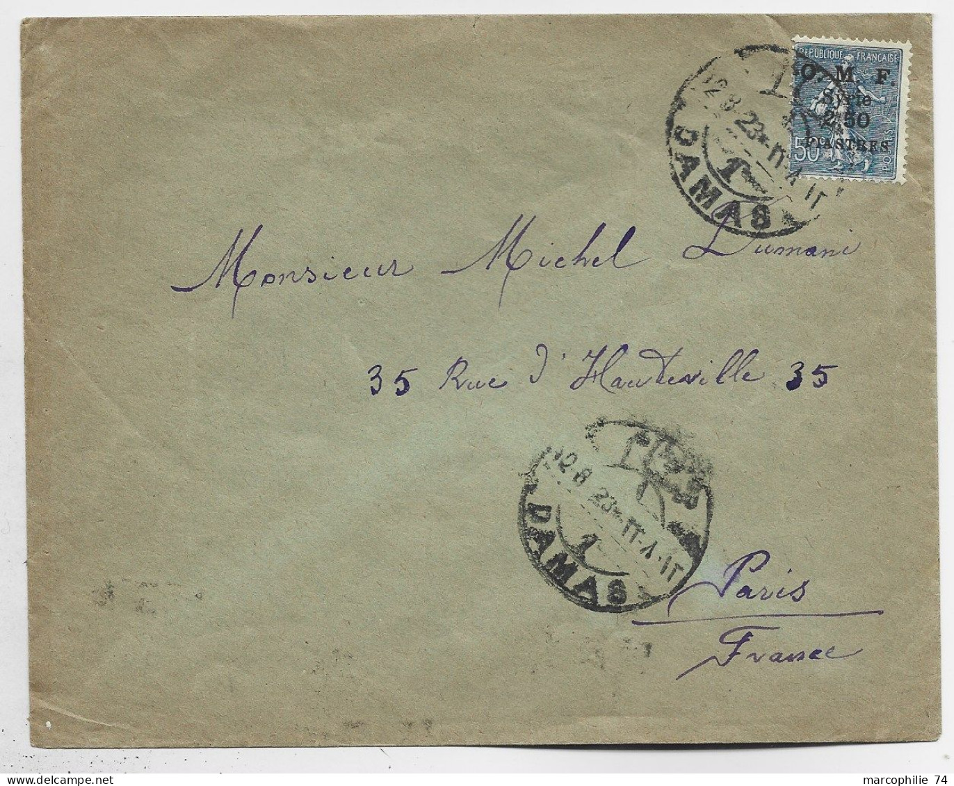 OMF SYRIE SYRIE 50C SEMEUSE LETTRE COVER DAMAS 12.8.1923 TO FRANCE - Lettres & Documents