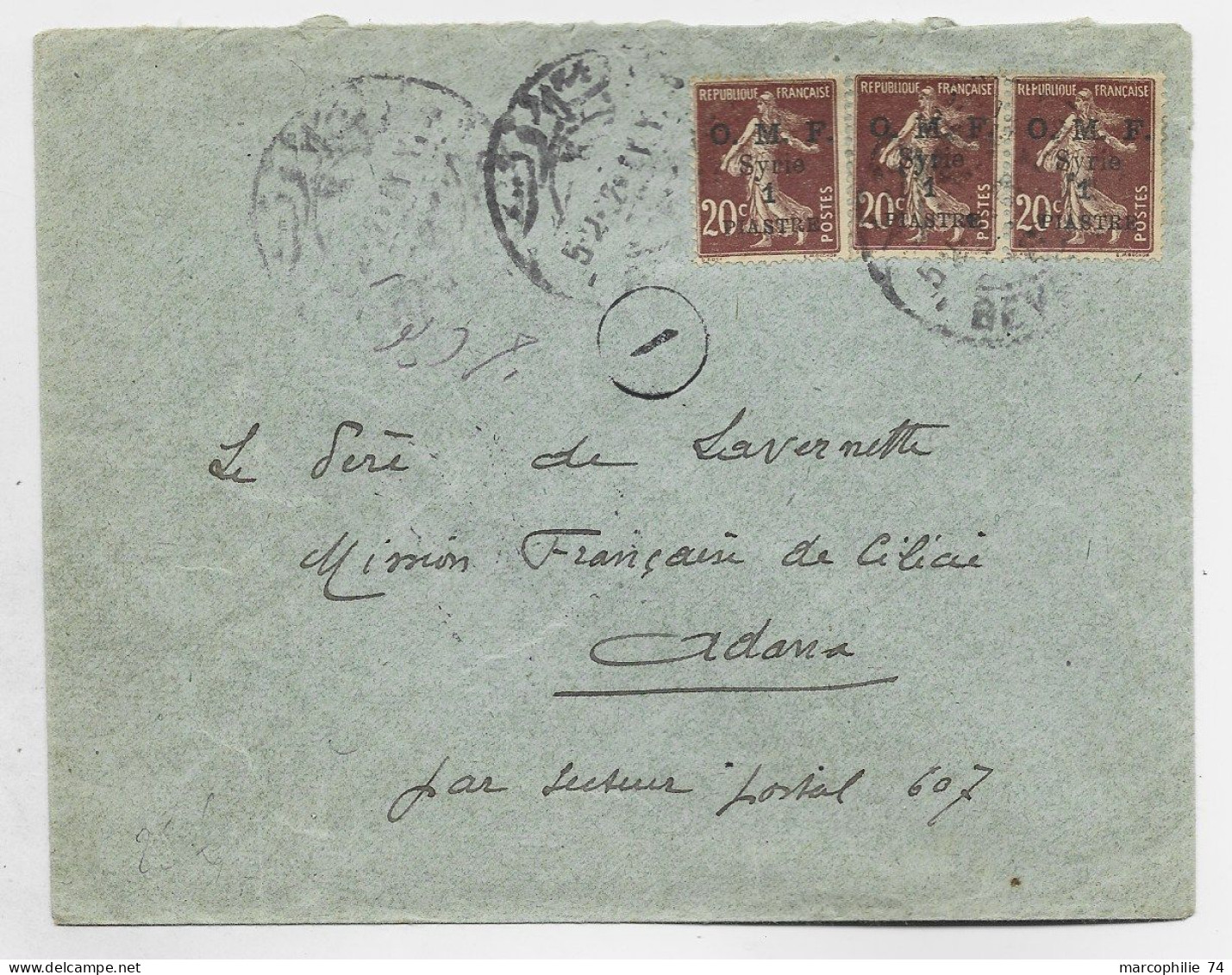 OMF SYRIE SYRIE 20C SEMEUSE BRUN X3 LETTRE COVER BEYROUTH 1922 POUR MISSION FRANCAISE DE CILICIE  ADANA SP 607 - Storia Postale