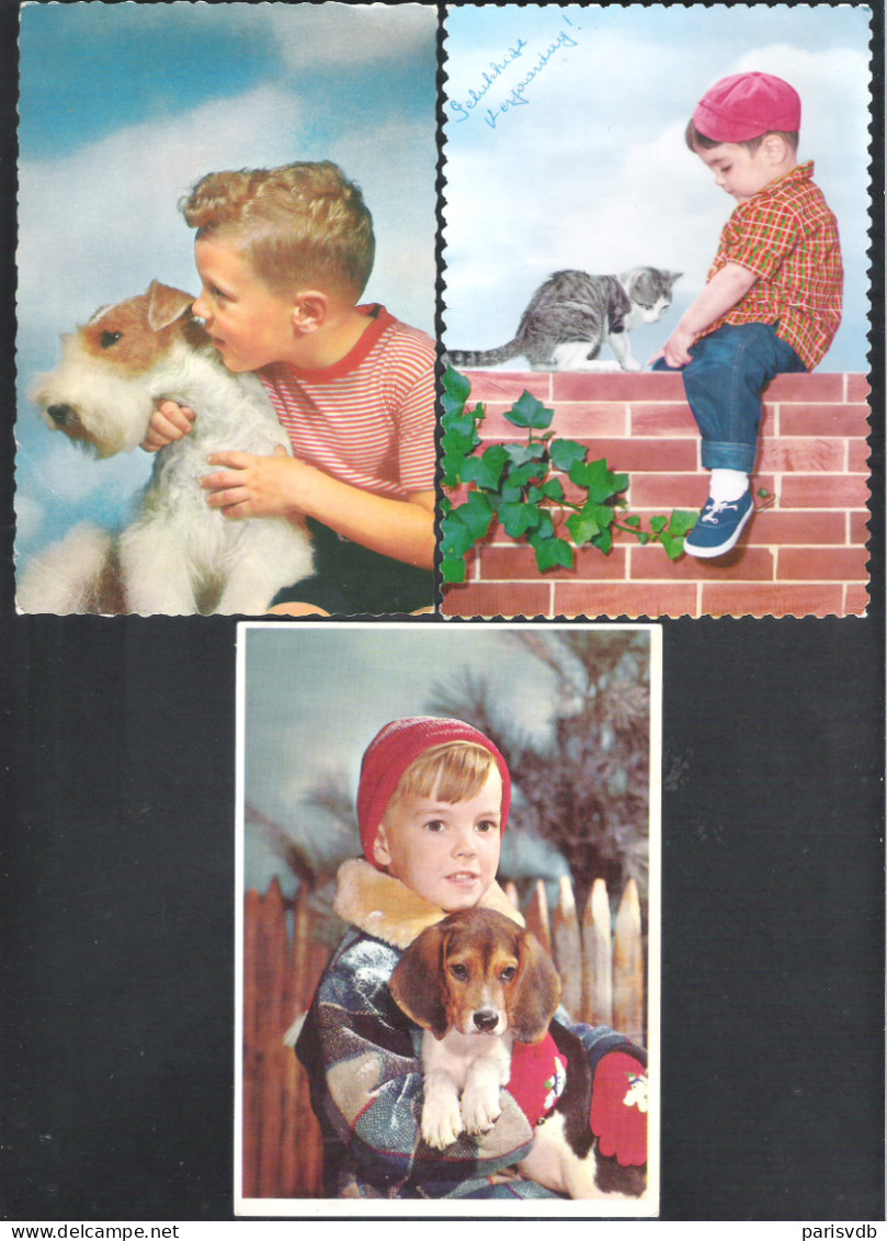 3 OUDE POSTKAARTEN   -  KINDEREN  - JONGENS  MET HOND EN KAT     (10.327) - Gruppi Di Bambini & Famiglie