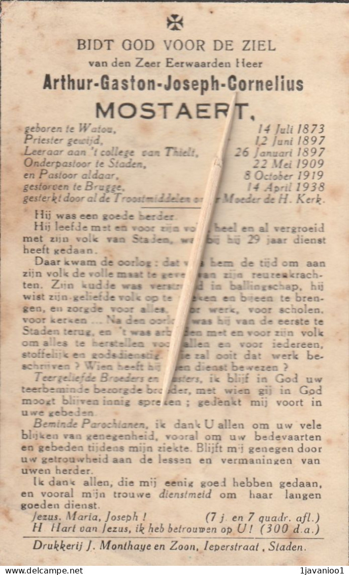 Priester, Prêtre, Abbé, Arthur Mostaert, Watou, Tielt, Staden, Brugge, 1938 - Godsdienst & Esoterisme