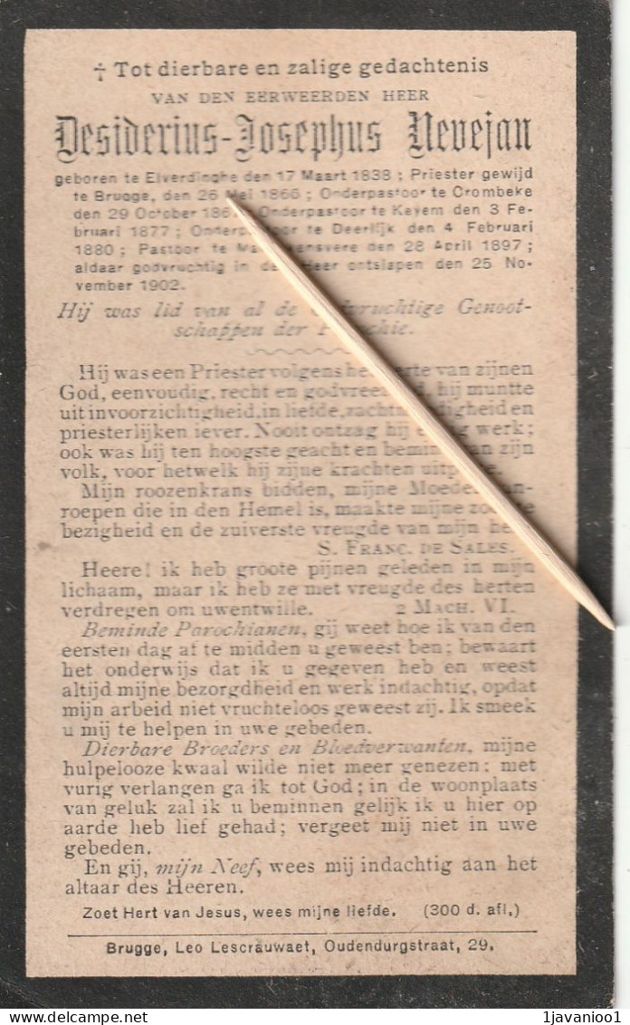 Priester, Prêtre, Abbé, Desiderius Nevejan, Elverdinge, Brugge, Krombeke, Keiem, Deerlijk, Mannekensvere, 1902 - Religión & Esoterismo