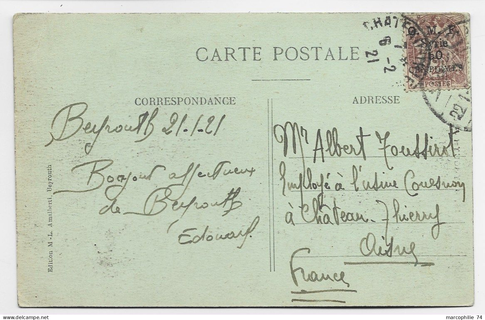 OMF SYRIE SYRIE BLANC 2CX2 CARTE RECTO VERSO BEYROUTH 1921 TO FRANCE - Briefe U. Dokumente