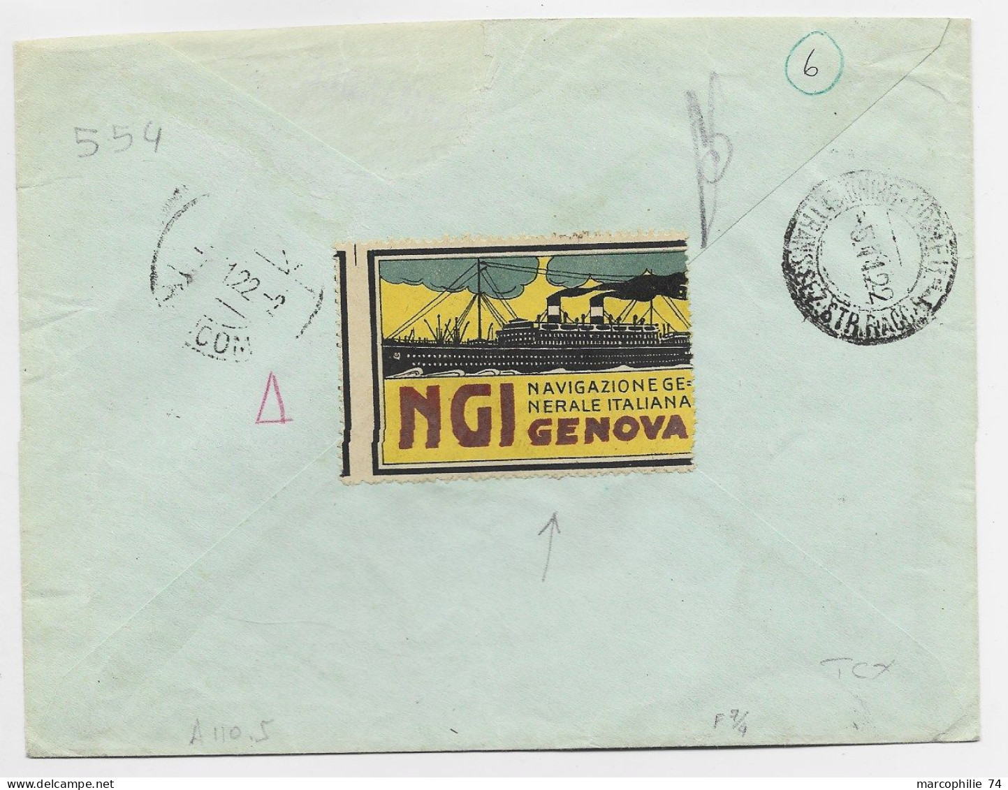 OMF SYRIE SYRIA MERSON 60CX2 LETTRE COVER REC HALEB SOUK EL HABIB 3.10.1922 TO ITALIE + VIGNETTE PUB GENOVA NAVIGAZIONE - Cartas & Documentos