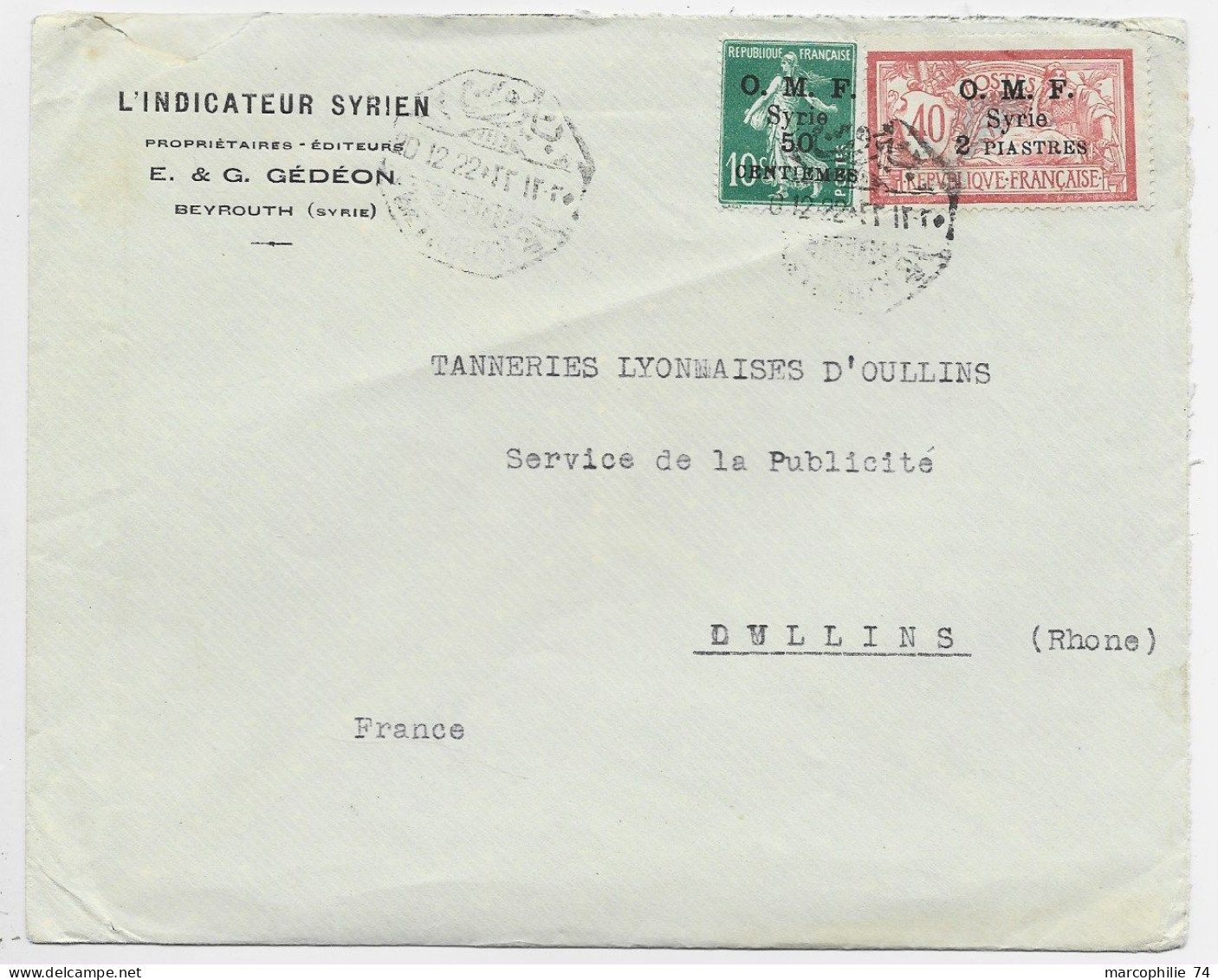 OMF SYRIE SYRIA SEMEUSE MERSON LETTRE COVER BEYROUTH 10.12.1922 TO FRANCE - Covers & Documents