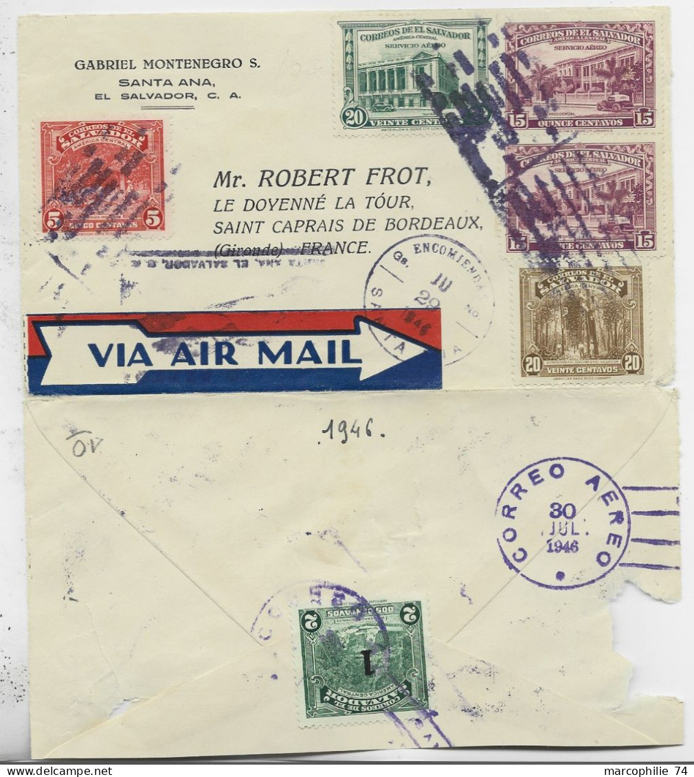 SALVADOR 20C+15CX2+20C+5C LETTRE COVER AIR MAIL EL SALVADOR 1946 TO FRANCE - Salvador