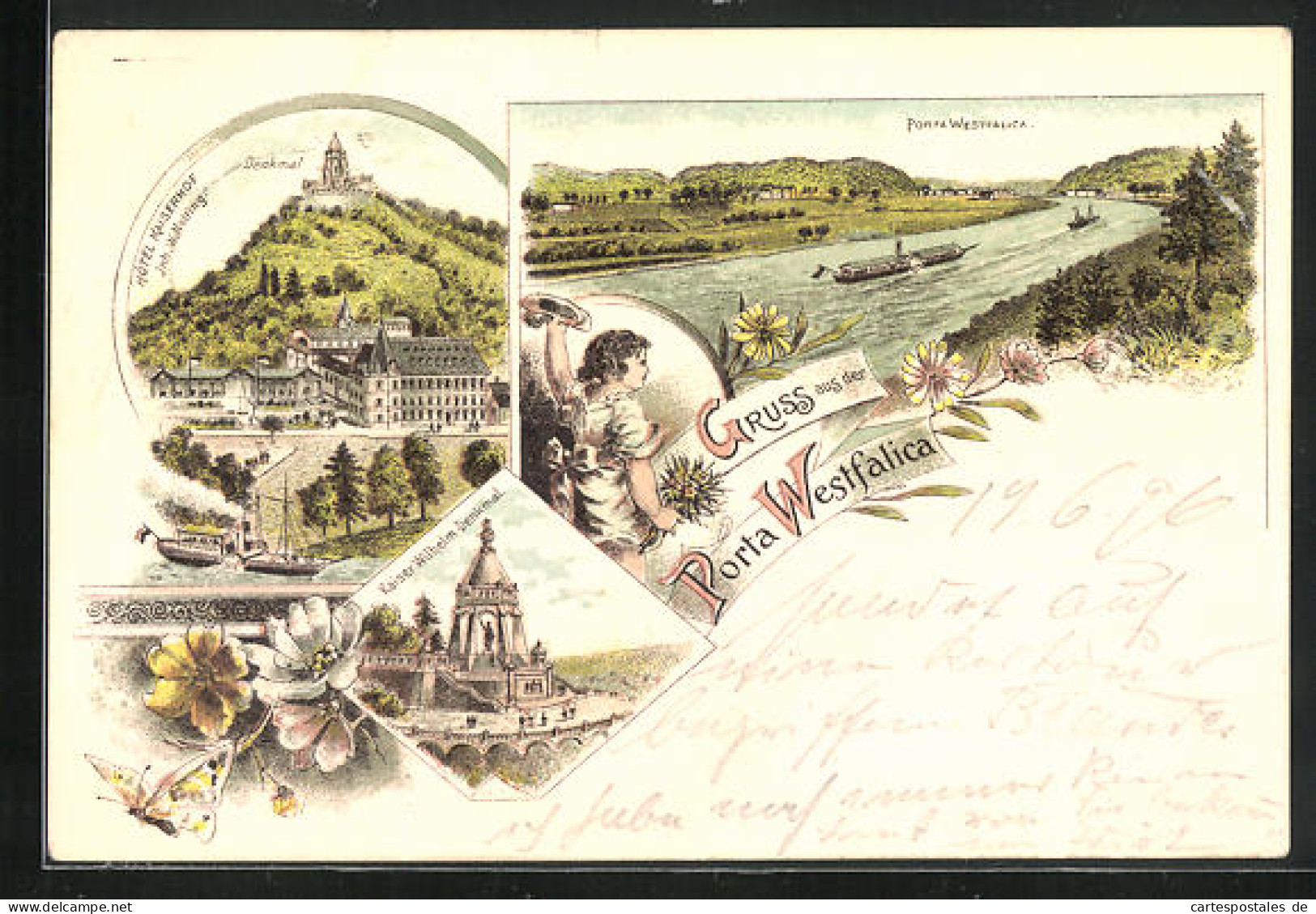 Lithographie Porta Westfalica, Hotel Kaiserhof Mit Denkmal, Kaiser-Wilhelm-Denkmal  - Porta Westfalica