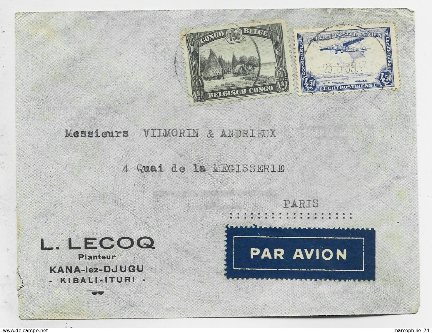 CONGO BELGE PA 4FR50+1FR50 LETTRE COVER AVION KANA LEZ DJUGU KIBALI 1939 TO FRANCE - Briefe U. Dokumente