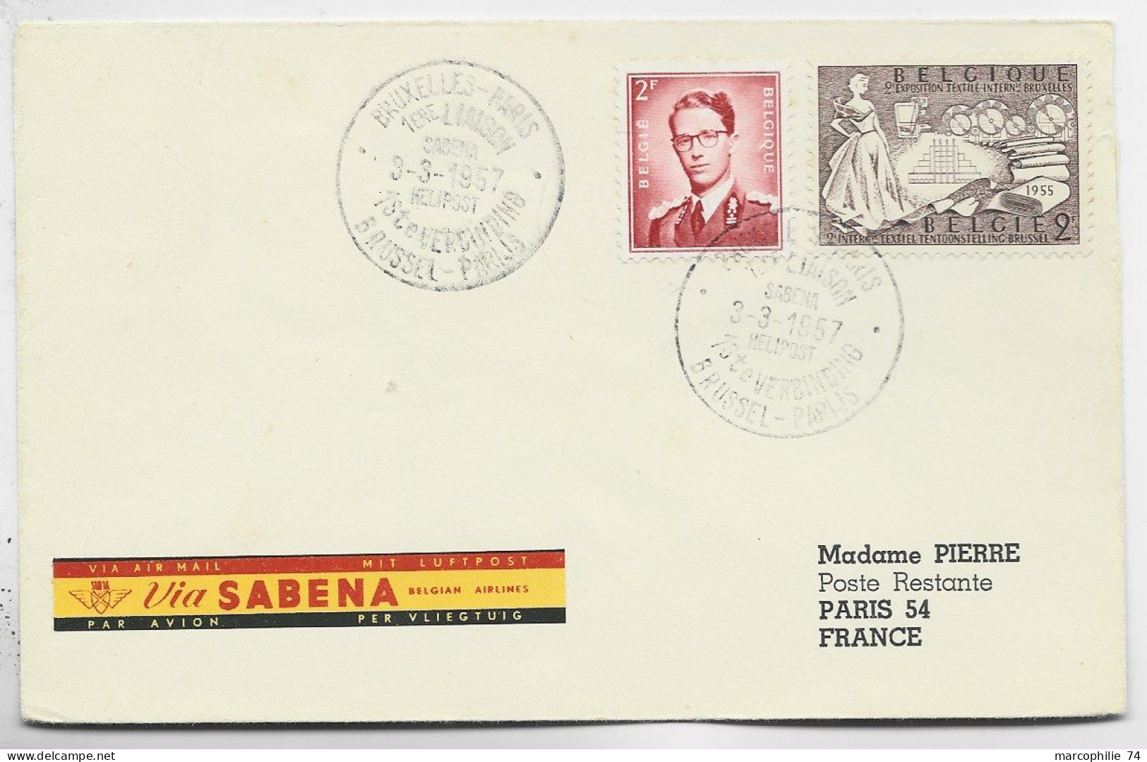BELGIQUE 2FR+2FR LETTRE COVER VIA SABENA BRUXELLES PARIS 3.3.1957 TO FRANCE - Covers & Documents