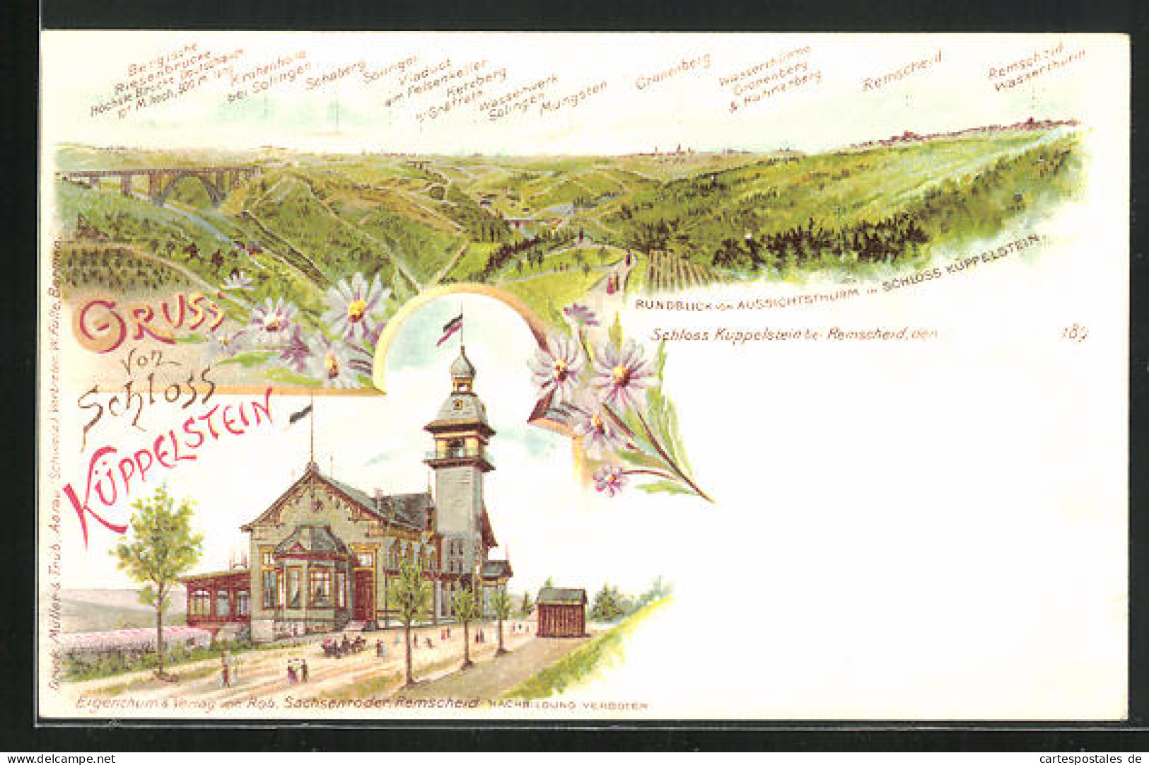 Lithographie Remscheid, Restaurant Schloss Küppelstein, Panorama Vom Aussichtsthurm  - Remscheid