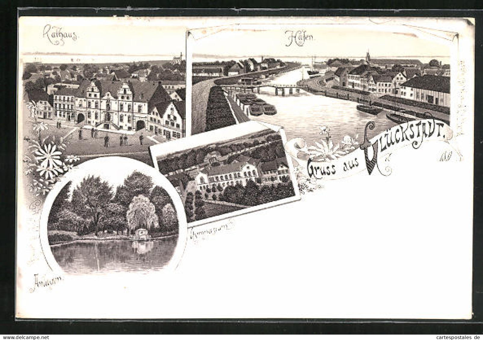 Lithographie Glückstadt, Gymnasium, Rathaus, Hafen  - Glückstadt