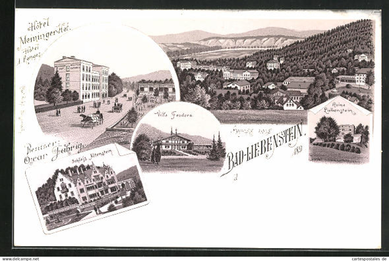 Lithographie Bad Liebenstein, Hotel Meininger-Hof, Villa Feodora  - Bad Liebenstein