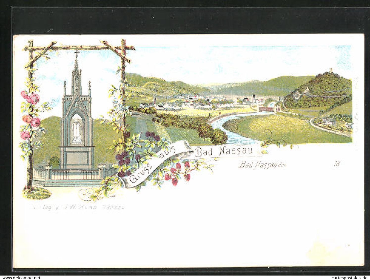 Lithographie Bad Nassau, Denkmal, Panoramablick Auf Die Ortschaft  - Nassau