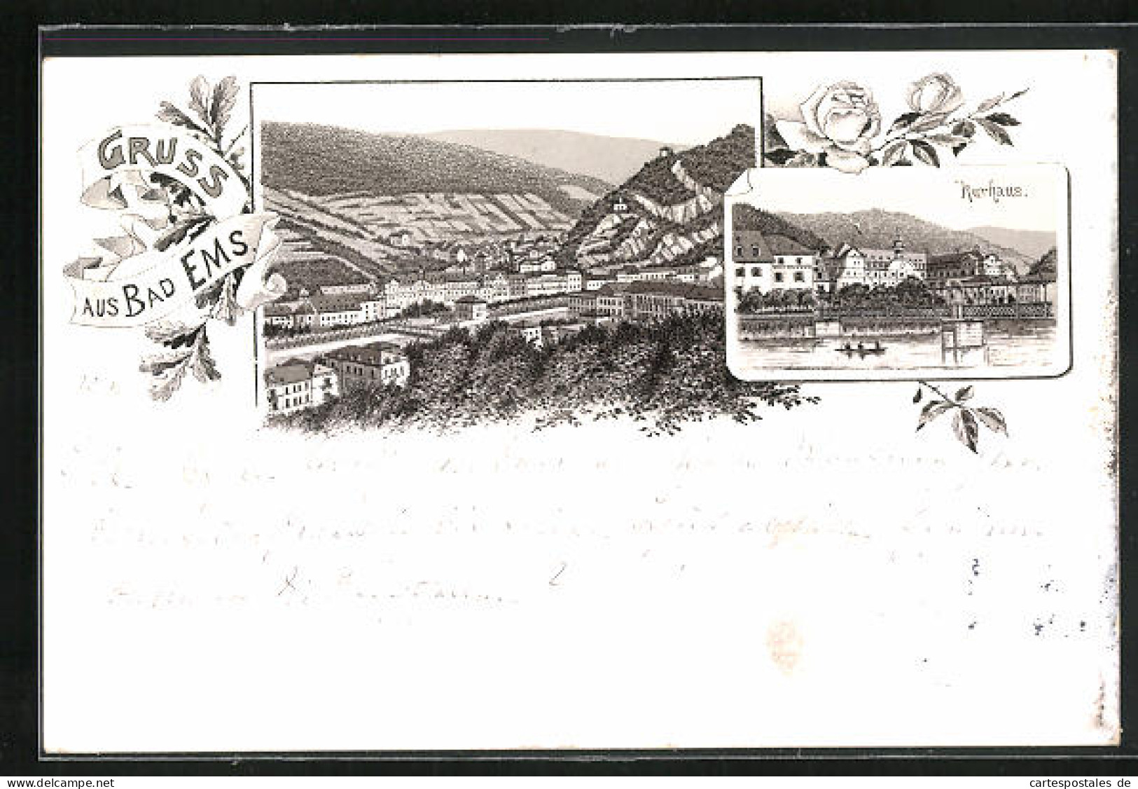 Vorläufer-Lithographie Bad Ems, 1895, Kurhaus, Totalansicht  - Bad Ems